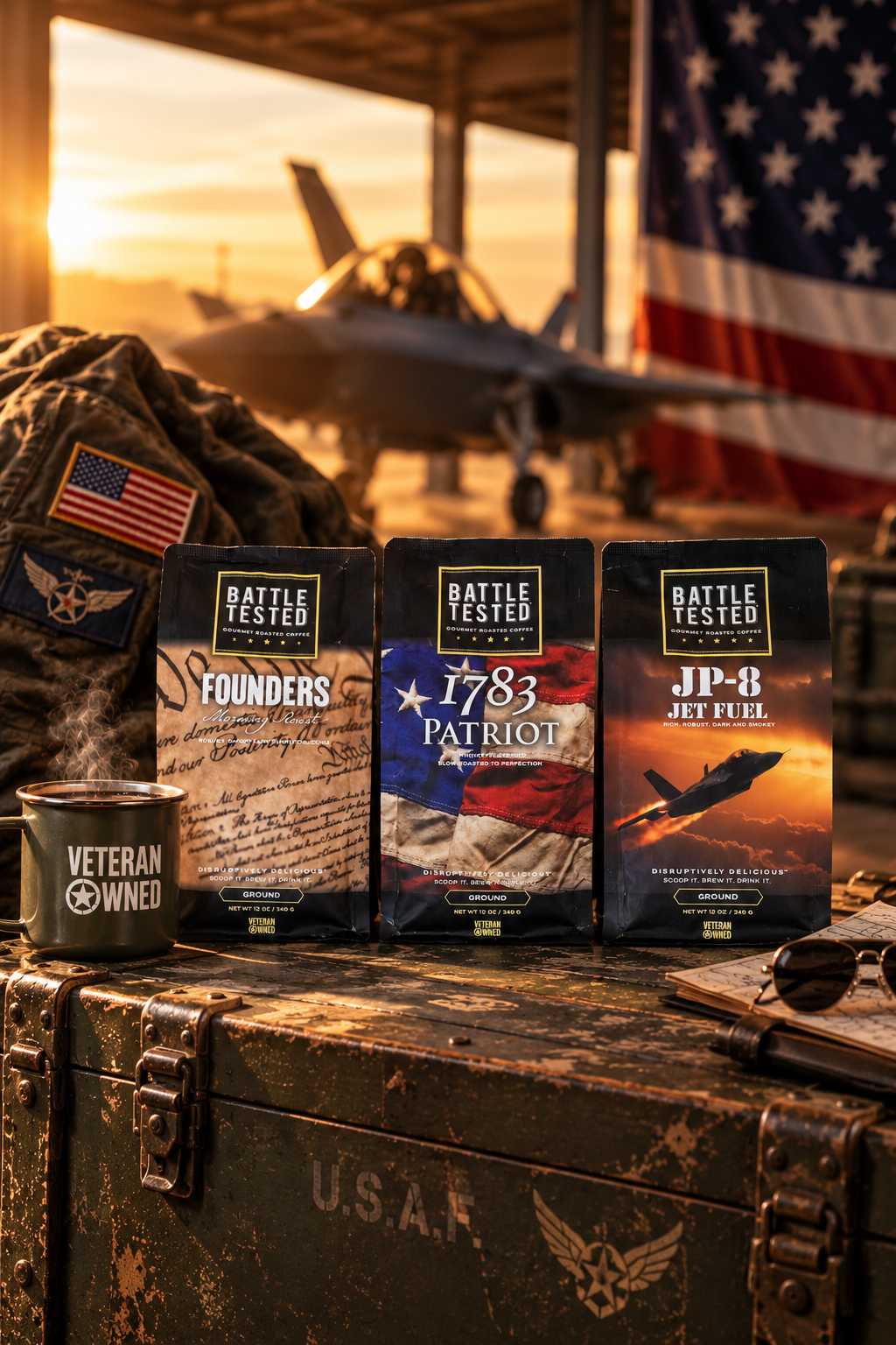 Battle Tested Coffee bags — Founders Roast, 1783 Patriot, JP-8 Jet Fuel — Veteran Owned